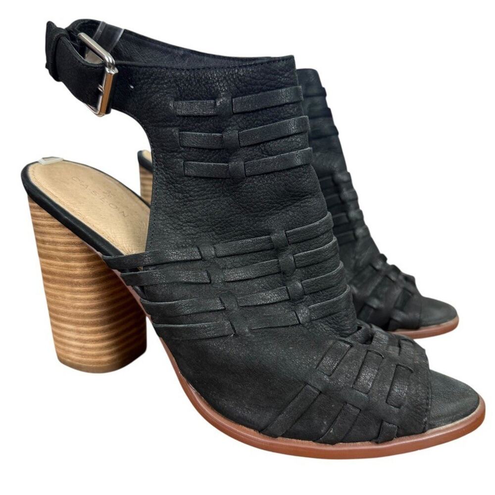 Caslon Womens Leather Woven Black Stacked Chunky Block Heels Sandals Shoes 9.5